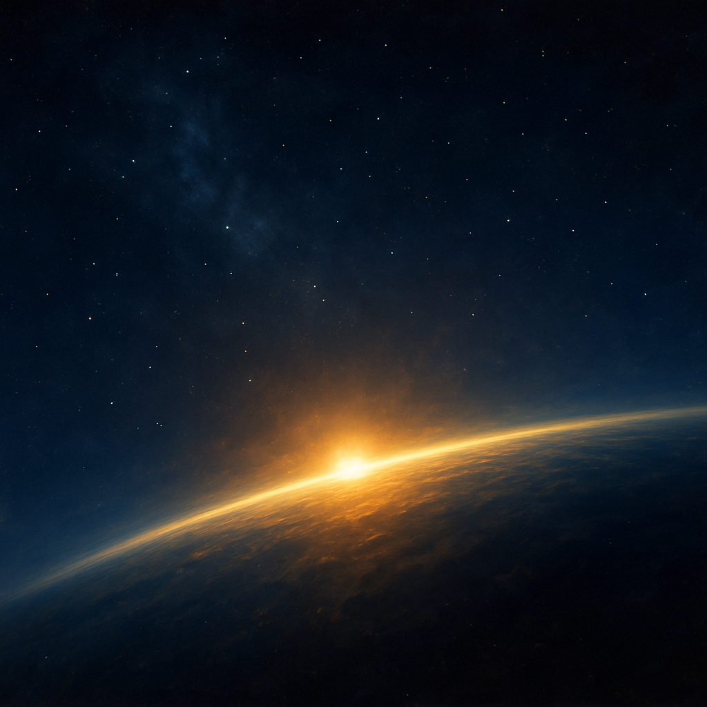 A glowing planetary horizon at sunrise seen from deep space